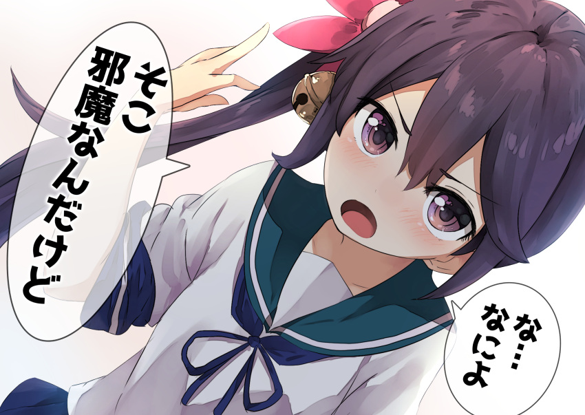 1girl akebono_(kantai_collection) bell blue_neckwear blue_sailor_collar commentary_request dutch_angle flower hair_bell hair_flower hair_ornament highres jingle_bell kantai_collection long_hair neckerchief purple_hair sailor_collar school_uniform serafuku short_sleeves side_ponytail simple_background solo taisho_(gumiyuki) translation_request very_long_hair violet_eyes white_background