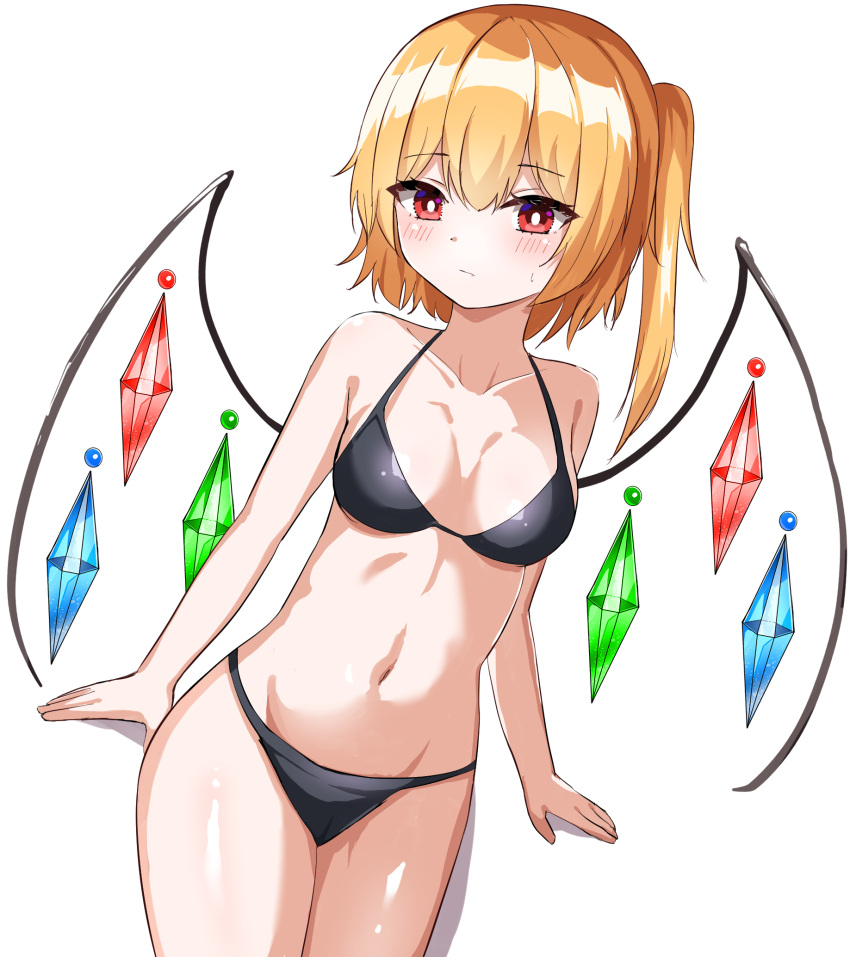 1girl arms_at_sides bare_shoulders bikini black_bikini blonde_hair blush breasts bright_pupils closed_mouth collarbone cowboy_shot crystal dutch_angle expressionless eyebrows_visible_through_hair facing_viewer flandre_scarlet highres kiui_(dagk8254) medium_breasts navel one_side_up red_eyes shiny shiny_skin short_hair simple_background solo standing sweatdrop swimsuit touhou white_background wings