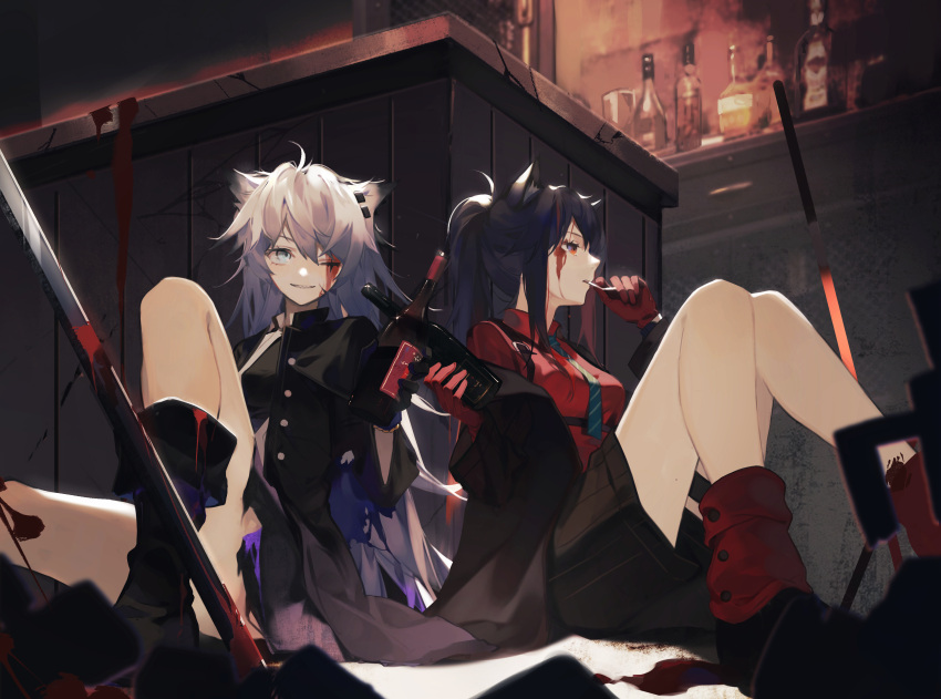 2girls absurdres alcohol alternate_costume animal_ears arknights bar black_hair blood blood_on_face cigarette hair_ornament hairclip highres lappland_(arknights) long_hair multiple_girls necktie ponytail shirt sitting texas_(arknights) toast_(gesture) tochigi_1990 white_hair