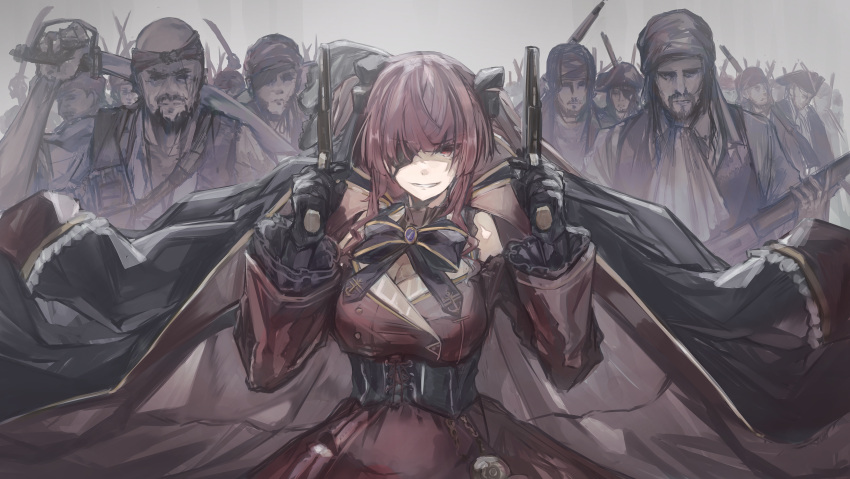 1girl 6+boys absurdres bandages bandana black_coat black_gloves breasts coat commentary corset cowboy_shot dress dual_wielding eyebrows_visible_through_hair eyepatch gloves grey_background grin gun hair_ribbon handgun highres holding holding_gun holding_sword holding_weapon hololive houshou_marine huge_filesize jacket jacket_on_shoulders large_breasts long_hair looking_at_viewer multiple_boys open_clothes open_coat out_of_character pirate pistol red_dress red_eyes redhead ribbon saber_(weapon) simple_background smile solo_focus sword tsumeki twintails virtual_youtuber weapon