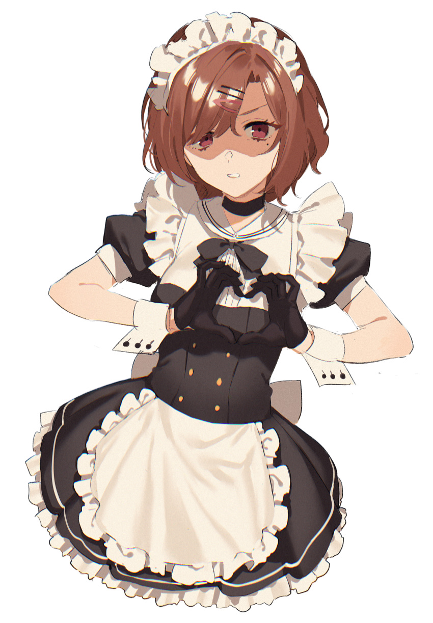 1girl 2l_(2lsize) absurdres alternate_costume apron bangs breasts brown_hair contrapposto enmaided frills hair_ornament hair_over_one_eye hairclip heart heart_hands highres higuchi_madoka huge_filesize idolmaster idolmaster_shiny_colors looking_at_viewer maid maid_headdress medium_breasts mole mole_under_eye puffy_short_sleeves puffy_sleeves shaded_face short_hair short_sleeves simple_background solo violet_eyes waist_apron white_background
