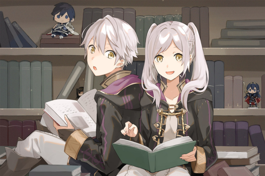 2boys 3girls book bookshelf character_doll chrom_(fire_emblem) fire_emblem fire_emblem_heroes leaning_on_person library long_hair looking_at_viewer looking_back lucina_(fire_emblem) menoko multiple_boys multiple_girls open_mouth reading robin_(fire_emblem) robin_(fire_emblem)_(female) robin_(fire_emblem)_(male) sitting tharja_(fire_emblem) twintails white_hair yellow_eyes