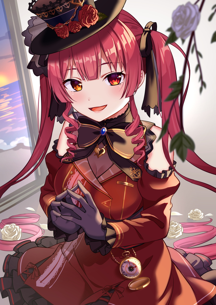 1girl :d black_bow black_gloves black_headwear blurry blurry_foreground bow brown_eyes depth_of_field detached_sleeves dress flower frilled_sleeves frills gloves hair_bow hat hat_flower heterochromia highres hololive houshou_marine indoors juliet_sleeves long_hair long_sleeves looking_at_viewer open_mouth pocket_watch puffy_sleeves red_dress red_eyes red_flower red_rose red_sleeves redhead rose sleeveless sleeveless_dress sleeves_past_wrists smile solo steepled_fingers twintails very_long_hair virtual_youtuber watch white_flower white_rose window yuusa