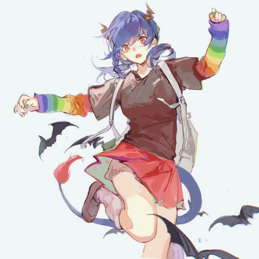 1girl alternate_costume arknights backpack bag bat black_shirt bloomers blue_hair braid breasts brown_footwear casual ch'en_(arknights) commentary dragon_horns dragon_tail green_nails grey_background highres horns jumping looking_at_viewer medium_breasts medium_hair miniskirt multicolored multicolored_nails nail_polish open_mouth otammato rainbow red_eyes red_skirt shirt shoes side_braid simple_background skirt socks solo symbol_commentary t-shirt tail thighs underwear white_legwear yellow_nails