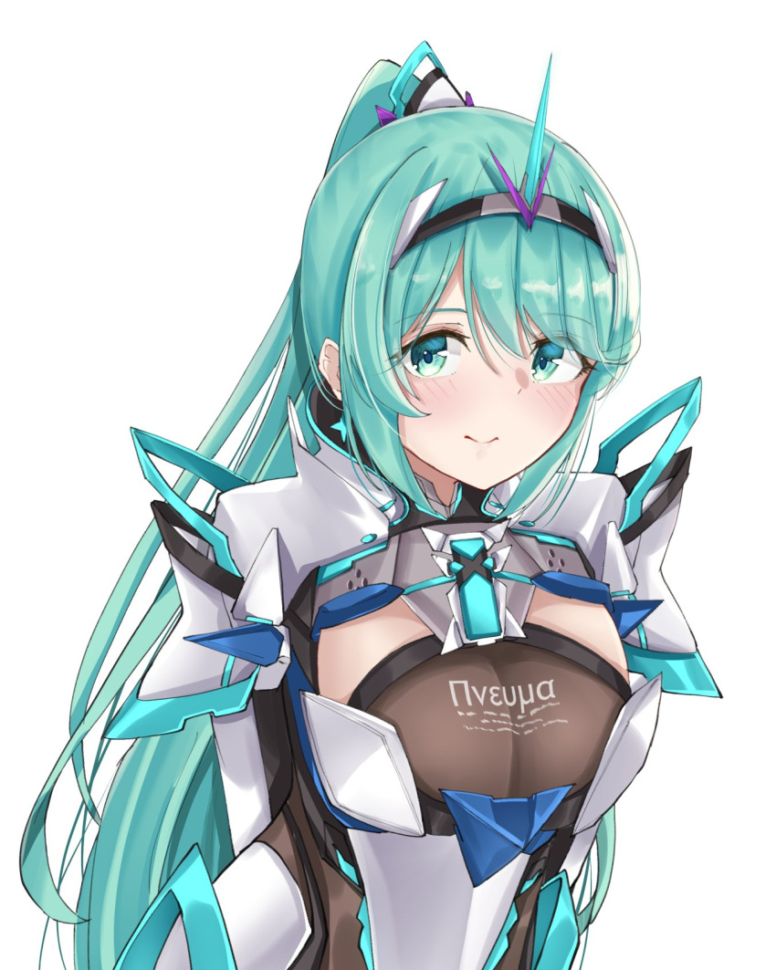 1girl arms_behind_back bangs breasts chest_jewel earrings gem green_eyes green_hair highres jewelry large_breasts leaning_forward long_hair long_ponytail looking_at_viewer pneuma_(xenoblade) ponytail sarasadou_dan simple_background smile solo swept_bangs tiara upper_body white_background xenoblade_chronicles_(series) xenoblade_chronicles_2