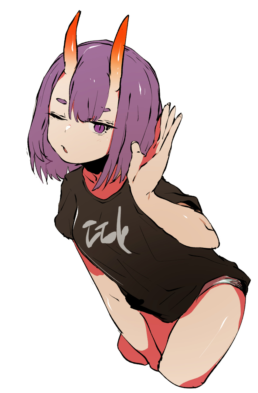 1girl between_legs black_shirt bob_cut cowboy_shot cropped_legs ddari fate/grand_order fate_(series) fingernails hand_between_legs hand_up highres horns ibaraki_douji_(fate/grand_order) looking_at_viewer one_eye_closed oni_horns parted_lips purple_hair shirt short_sleeves simple_background slit_pupils solo violet_eyes white_background