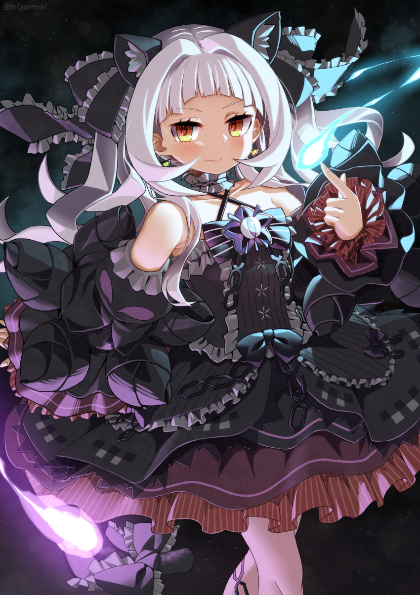 1girl animal_ear_fluff animal_ears bangs bare_shoulders black_bow black_dress blush bow brown_eyes cat_ears closed_mouth commentary_request criss-cross_halter detached_sleeves dress eyebrows_visible_through_hair fang fang_out frilled_bow frills gothic_lolita hair_bow halterneck hand_up highres hololive juliet_sleeves lolita_fashion long_hair long_sleeves looking_at_viewer mizunashi_(second_run) murasaki_shion pantyhose puffy_sleeves smile solo striped striped_bow v-shaped_eyebrows virtual_youtuber white_hair white_legwear wide_sleeves