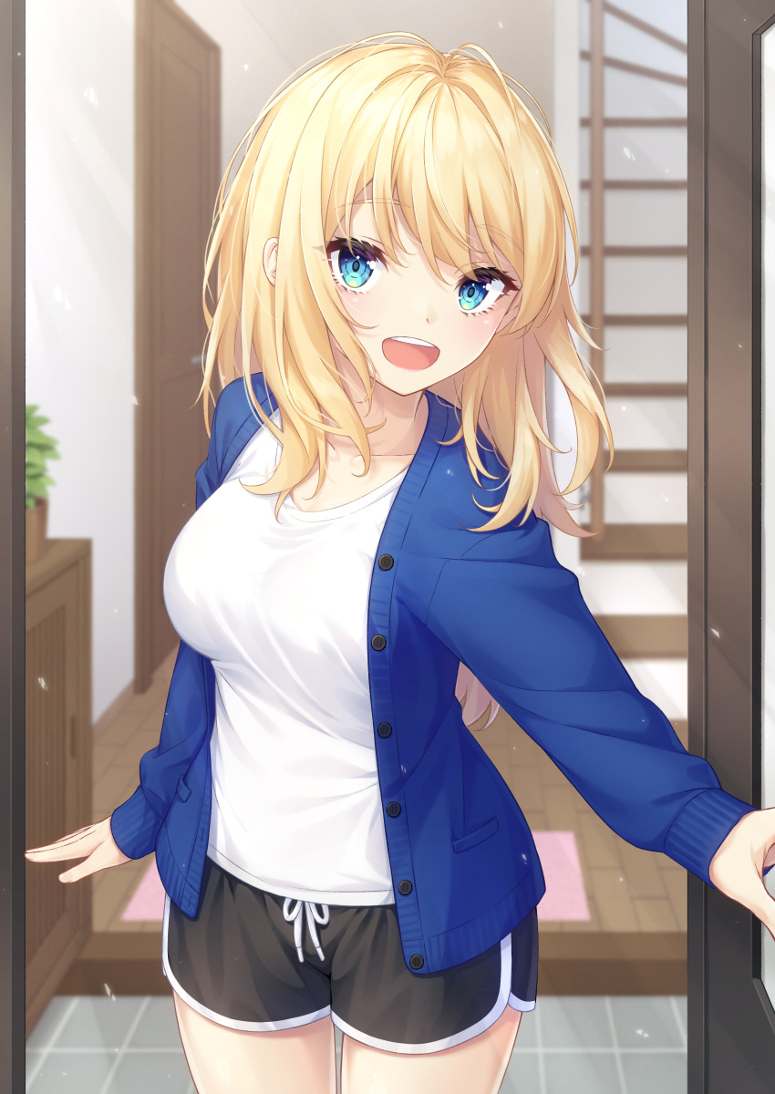 1girl absurdres black_shorts blonde_hair blue_eyes blue_jacket breasts cowboy_shot door doorway highres jacket long_hair long_sleeves medium_breasts ochiai_miyabi open_clothes open_door open_jacket opening_door original shirt short_shorts shorts solo stairs standing white_shirt