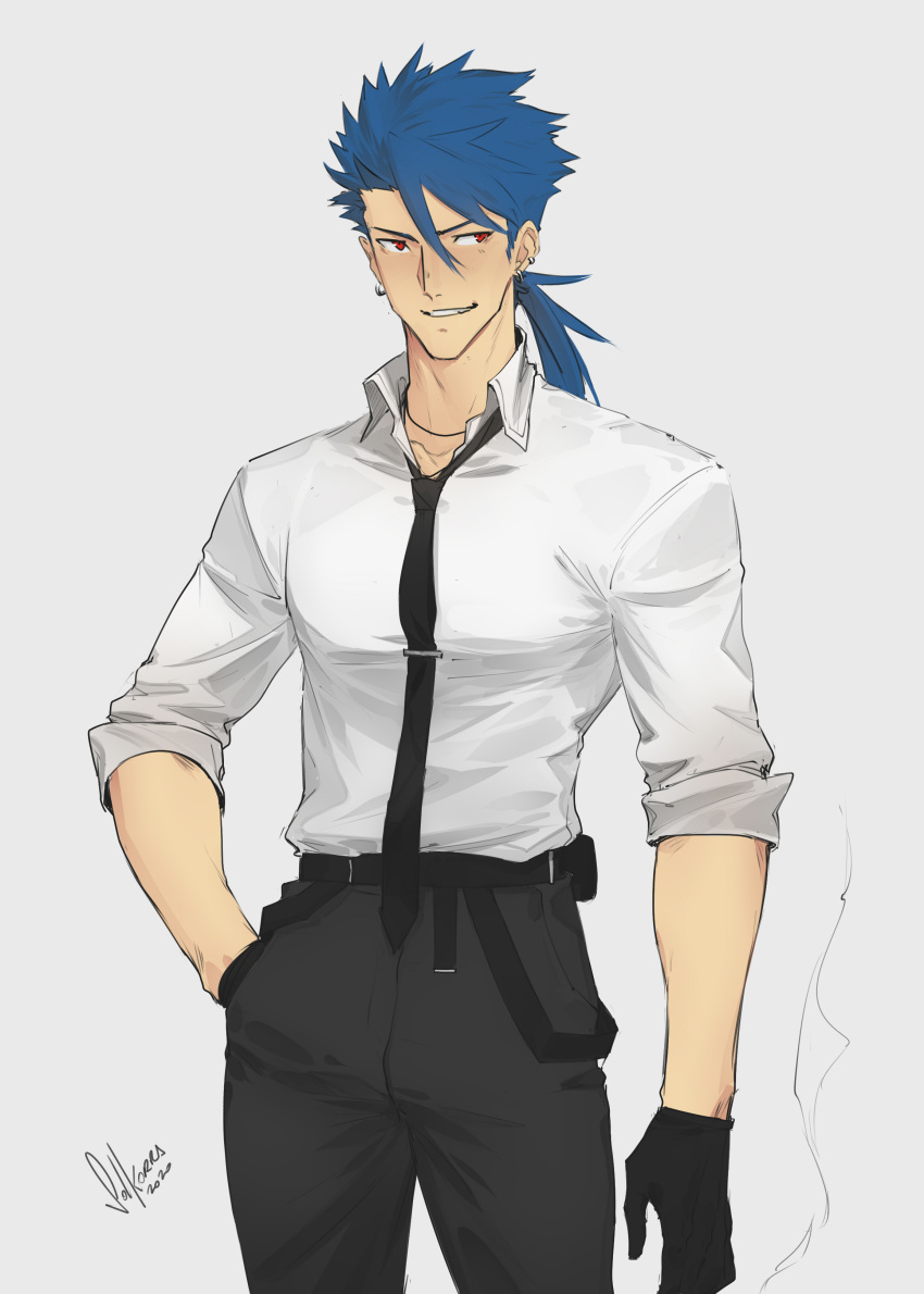 1boy absurdres alternate_costume belt blue_hair collared_shirt cowboy_shot cu_chulainn_(fate)_(all) cu_chulainn_(fate/prototype) dated dress_shirt earrings fate/prototype fate_(series) gloves grey_background grin hand_in_pocket highres hoop_earrings jewelry long_hair looking_to_the_side male_focus multiple_piercings necktie pants pony ponytail red_eyes shirt signature simple_background sleeves_rolled_up smile smoke solkorra solo spiky_hair tie_clip type-moon
