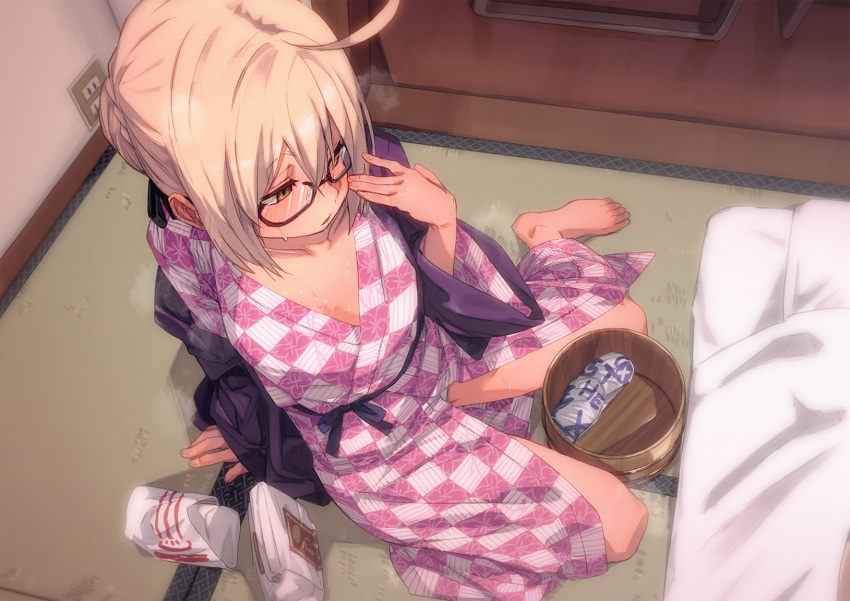 1girl ahoge artoria_pendragon_(all) barefoot bespectacled black-framed_eyewear blonde_hair blush checkered checkered_kimono collarbone commentary_request eyebrows_visible_through_hair fate/grand_order fate_(series) from_above fu-ta glasses hair_between_eyes highres indoors japanese_clothes kimono long_sleeves mysterious_heroine_x_(alter) semi-rimless_eyewear short_hair sitting solo sweat under-rim_eyewear yellow_eyes