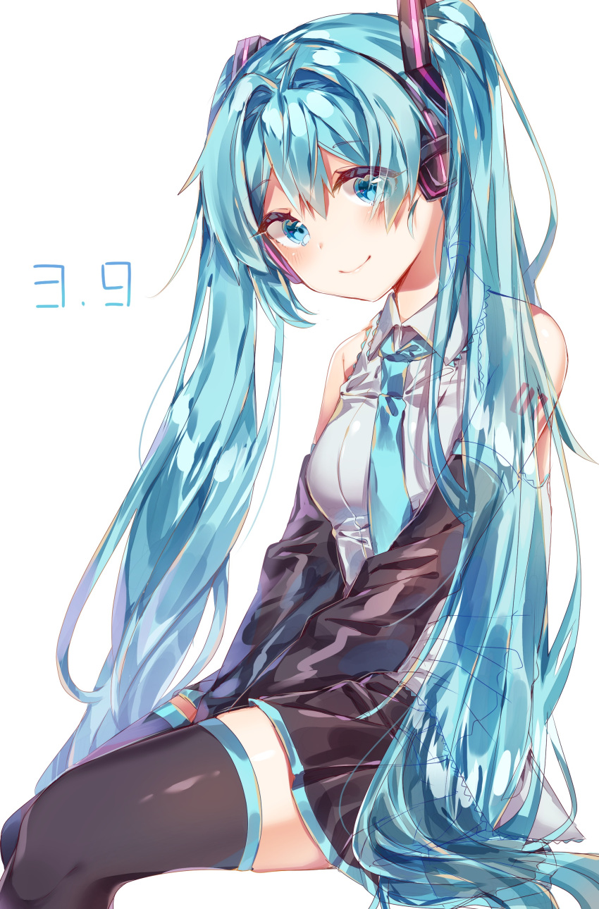 1girl absurdres ayatsuki_sugure between_legs black_legwear black_skirt blue_eyes blue_hair collared_shirt detached_sleeves eyebrows_visible_through_hair eyes_visible_through_hair hair_between_eyes hair_intakes hair_ornament hand_between_legs hatsune_miku headphones highres long_hair long_sleeves necktie number_tattoo pleated_skirt shirt simple_background sitting skirt smile solo tattoo thigh-highs twintails very_long_hair vocaloid white_background white_shirt