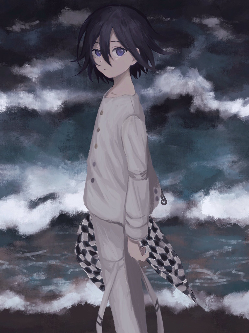 1boy bangs black_hair checkered checkered_neckwear checkered_scarf closed_mouth dangan_ronpa hair_between_eyes highres holding holding_clothes holding_scarf long_sleeves male_focus new_dangan_ronpa_v3 ouma_kokichi renshu_usodayo scarf solo straitjacket violet_eyes water