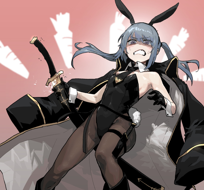 1girl animal_ears bare_shoulders black_coat black_gloves black_hairband black_leotard blue_hair blush breasts brown_legwear carrot clenched_teeth coat coat_on_shoulders covered_navel fake_animal_ears fake_tail feet_out_of_frame floating_hair gloves gogalking hairband half_gloves hands_up highres holding holding_sword holding_weapon leotard long_hair looking_at_viewer original pantyhose playboy_bunny portia_(gogalking) rabbit_ears small_breasts solo standing sweatdrop sword tail teeth twintails two-sided_coat violet_eyes weapon wide-eyed wrist_cuffs