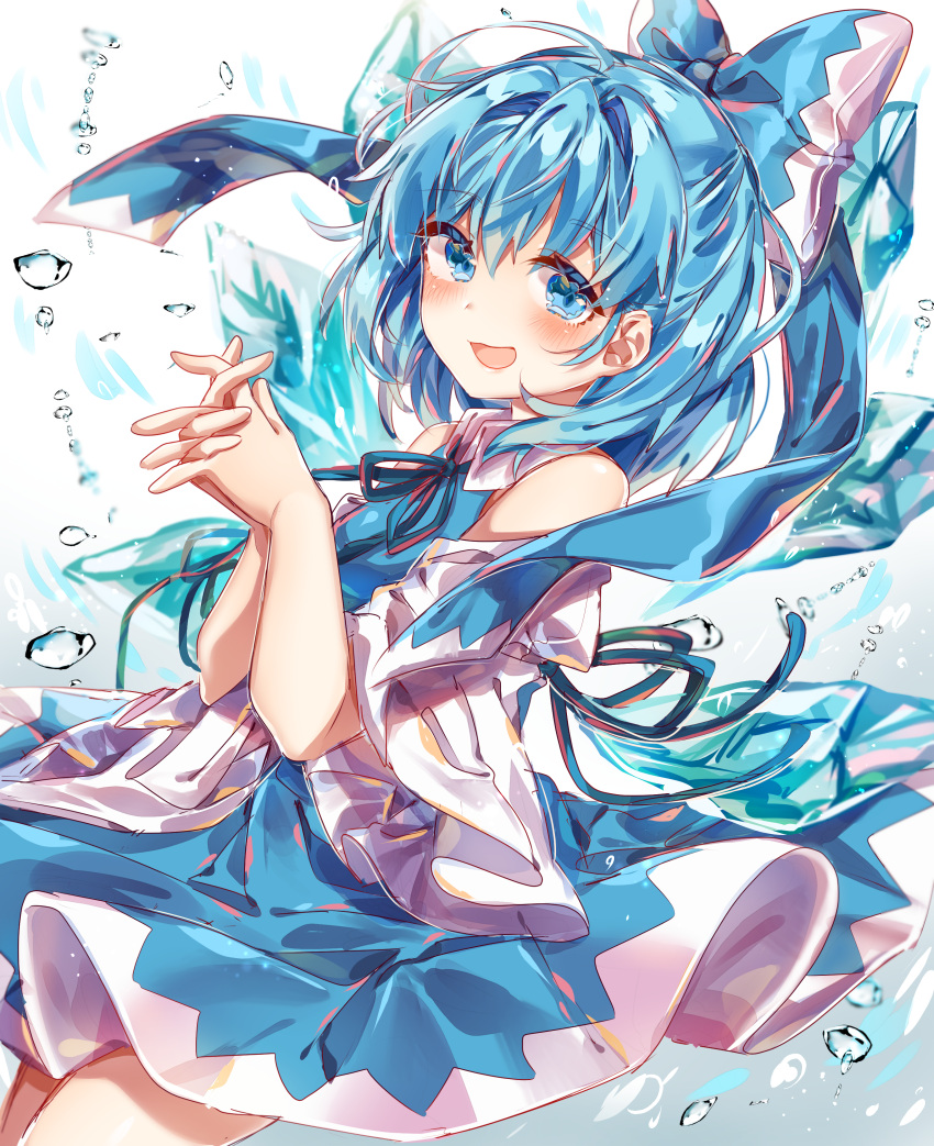1girl :d absurdres ayatsuki_sugure blue_bow blue_dress blue_eyes blue_hair blue_ribbon bow cirno collared_dress cowboy_shot detached_sleeves dress eyebrows_visible_through_hair eyes_visible_through_hair hair_between_eyes hair_bow hands_clasped hat highres ice ice_wings interlocked_fingers looking_at_viewer open_mouth own_hands_together ribbon short_hair simple_background smile solo touhou white_background wide_sleeves wings
