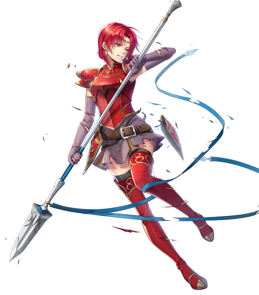 1girl armor bangs belt black_legwear boots breastplate circlet clenched_teeth dress earrings elbow_gloves fire_emblem fire_emblem:_the_binding_blade fire_emblem_heroes full_body gloves highres holding holding_weapon jewelry kiyu_(zuyu) looking_away melady_(fire_emblem) official_art one_eye_closed parted_lips polearm purple_dress red_armor red_eyes redhead shiny shiny_clothes shiny_hair short_dress short_hair shoulder_armor sleeveless solo spear teeth thigh-highs thigh_boots thighhighs_under_boots torn_clothes torn_dress torn_legwear transparent_background weapon white_background zettai_ryouiki