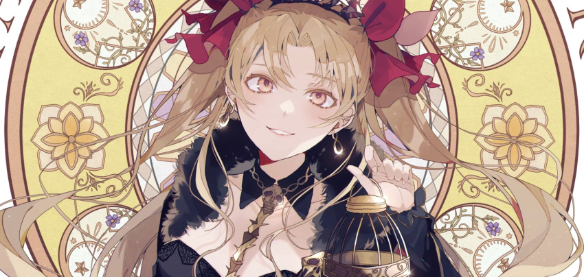 1girl bad_id bad_twitter_id blonde_hair bow breasts crown earrings ereshkigal_(fate/grand_order) fate/grand_order fate_(series) fingernails glint hair_bow hand_up head_tilt highres holding jewelry long_hair looking_at_viewer medium_breasts orange_eyes parted_lips red_bow satsuki_(miicat) smile solo spine two_side_up upper_body