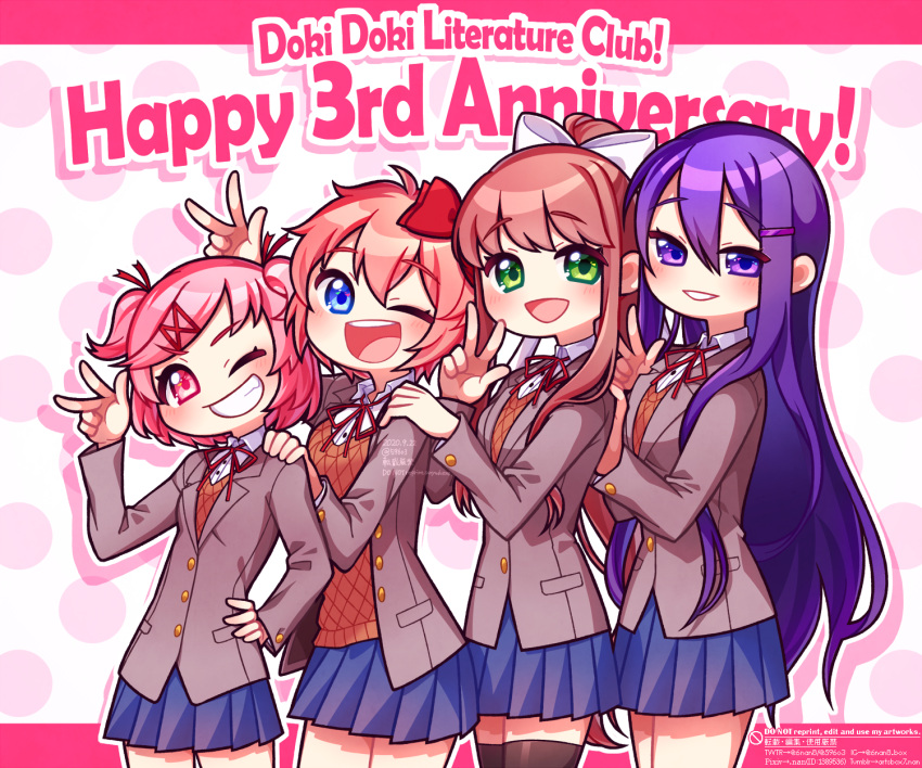 4girls :d ;d anniversary bangs black_legwear blue_eyes blue_sky bow brown_hair commentary_request copyright_name doki_doki_literature_club eyebrows_visible_through_hair fang green_eyes green_jacket grin hair_between_eyes hair_bow hair_ornament hair_ribbon hairclip hand_on_another's_shoulder hand_on_hip highres jacket long_hair long_sleeves looking_at_viewer monika_(doki_doki_literature_club) multiple_girls nan_(gokurou) one_eye_closed open_mouth parted_lips pink_eyes pink_hair pleated_skirt ponytail purple_hair red_bow red_ribbon ribbon school_uniform short_hair simple_background skirt sky smile thigh-highs two_side_up very_long_hair violet_eyes w watermark white_ribbon zettai_ryouiki
