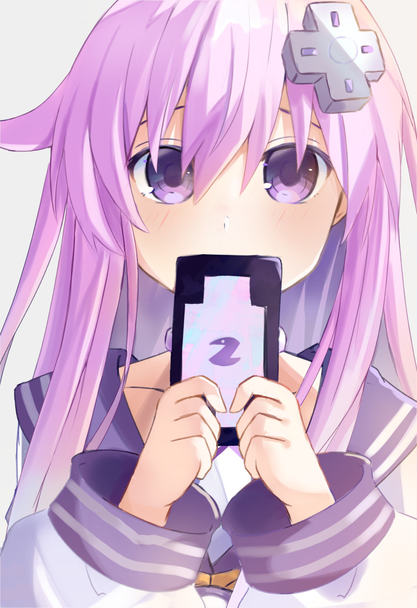 1girl absurdres bangs bimmy blush cellphone commentary d-pad d-pad_hair_ornament dress english_commentary eyebrows_visible_through_hair hair_between_eyes hair_ornament highres holding holding_phone long_hair long_sleeves looking_at_viewer neckerchief nepgear neptune_(series) phone purple_hair sailor_collar sailor_dress sidelocks simple_background solo violet_eyes white_background white_dress yellow_neckwear