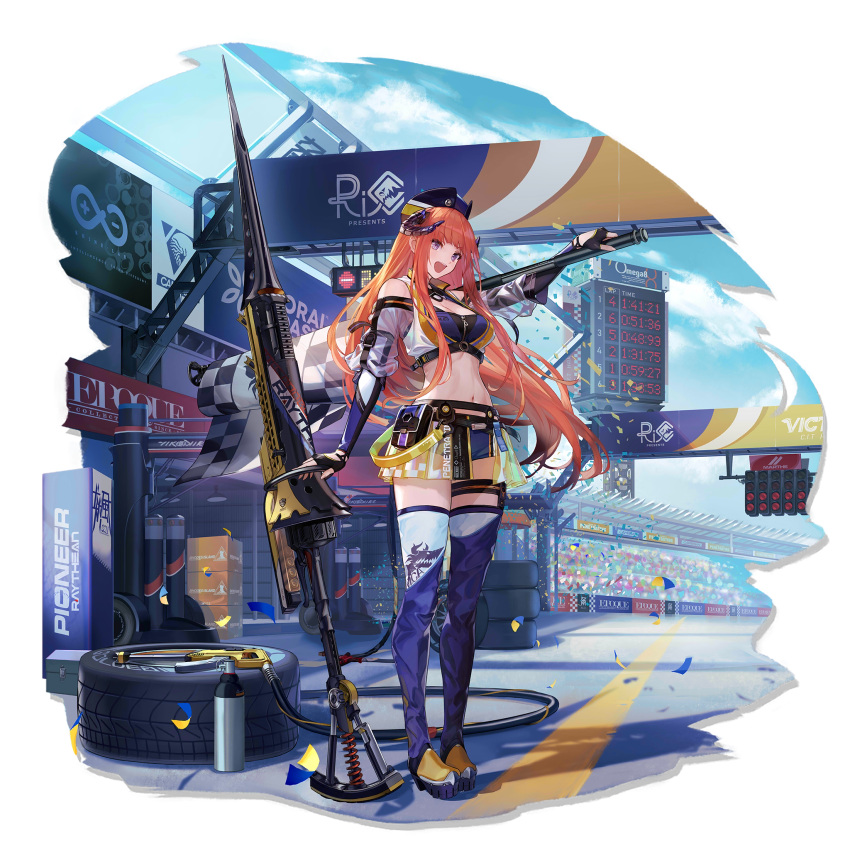 1girl :d arknights bagpipe_(arknights) bagpipe_(whistlewind)_(arknights) bangs bare_shoulders belt_pouch black_gloves blue_legwear blue_shorts blue_sky breasts checkered checkered_flag clothing_cutout clouds confetti crop_top day dragon_horns dragon_tail eyebrows_visible_through_hair fingerless_gloves flag full_body gloves gunlance hat highres horns lance long_hair long_sleeves looking_at_viewer medium_breasts micro_shorts midriff miniskirt navel official_alternate_costume official_art open_mouth orange_hair outstretched_arm planted_weapon polearm pouch racequeen revealing_clothes rhine_lab_logo see-through shadow shoes shorts shoulder_cutout showgirl_skirt skirt sky smile solo standing stomach tail thigh-highs thigh_strap thighs tire transparent_background u_jie very_long_hair vest violet_eyes weapon white_vest