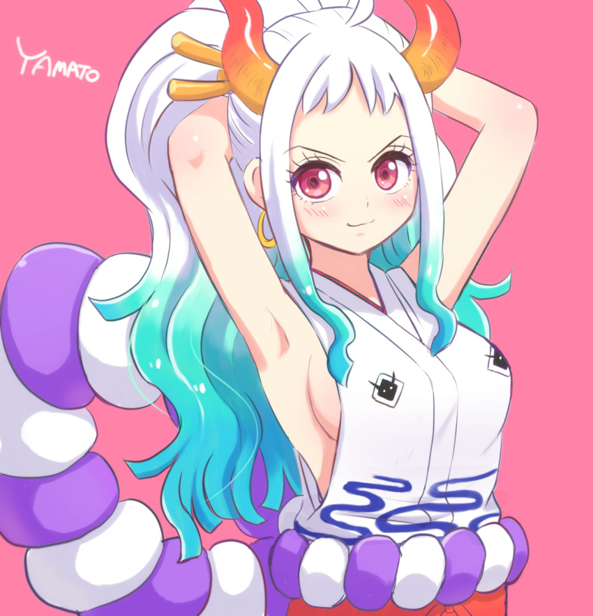 1girl aqua_hair armpits arms_behind_head arms_up breasts character_name commentary_request curled_horns earrings hair_ornament hair_stick highres hoop_earrings horns i! japanese_clothes jewelry kataginu long_hair looking_at_viewer medium_breasts multicolored_hair multicolored_horns one_piece pink_background ponytail red_horns rope shimenawa sideboob solo two-tone_hair upper_body vest white_hair white_vest yamato_(one_piece)