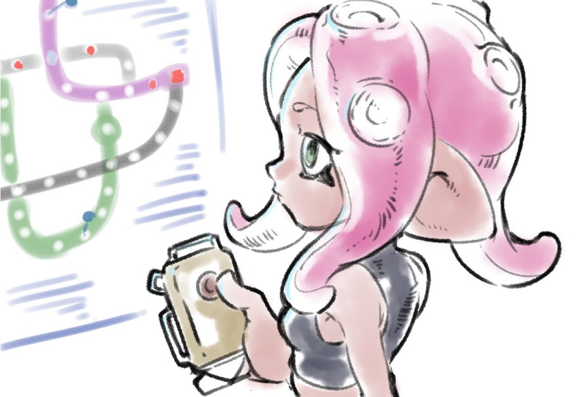 1girl closed_mouth dark_skin facing_away green_eyes holding long_hair looking_away map octarian octoling pink_hair sjw_kazuya solo splatoon_(series) splatoon_2 splatoon_2:_octo_expansion squidbeak_splatoon suction_cups tentacle_hair upper_body