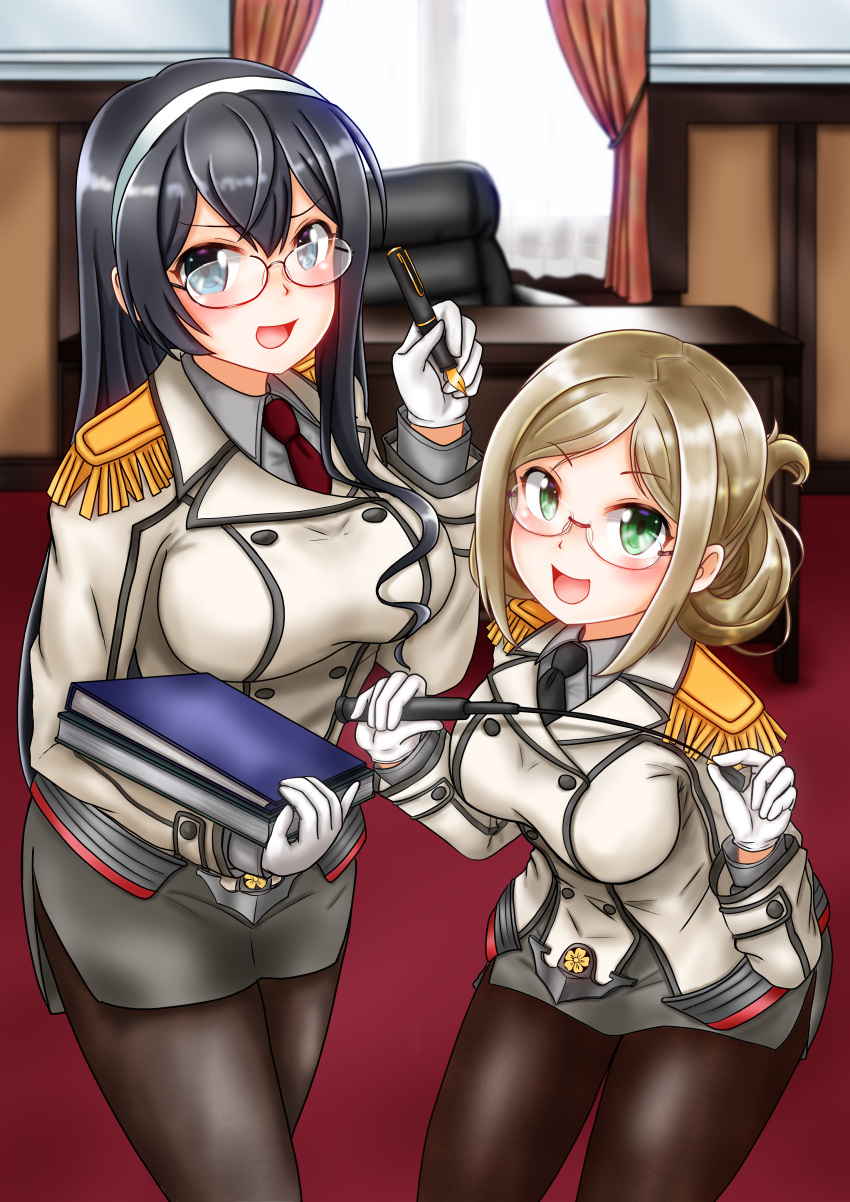 absurdres black_hair black_legwear breasts chair cosplay epaulettes fountain_pen glasses highres indoors kantai_collection katori_(kantai_collection) katori_(kantai_collection)_(cosplay) large_breasts light_brown_hair long_hair necktie office office_chair ooyodo_(kantai_collection) pantyhose pen pencil_skirt skirt uratomomin