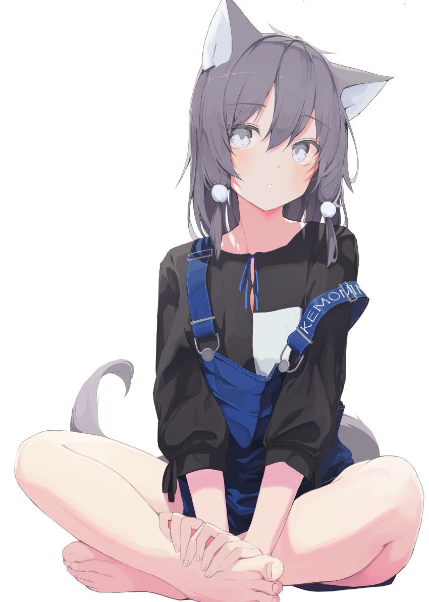 1girl absurdres animal_ears barefoot blush closed_mouth eyebrows_visible_through_hair feet fingernails grey_eyes grey_hair highres legs looking_at_viewer medium_hair mikisai original overalls sidelocks simple_background sitting solo tail toenails white_background