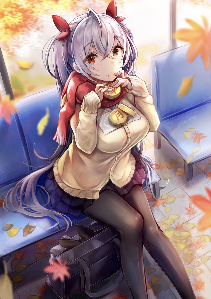 1girl absurdres ahoge autumn autumn_leaves bag bangs bench black_legwear black_skirt blurry blurry_background breasts buttons cardigan crossed_bangs eating eyebrows_visible_through_hair eyes_visible_through_hair food food_on_face hair_between_eyes highres holding holding_food knees_together large_breasts long_hair looking_at_viewer mappaninatta object_on_breast original pantyhose pleated_skirt red_scarf scarf school_bag school_uniform sidelocks silver_hair sitting skirt solo twintails yellow_cardigan