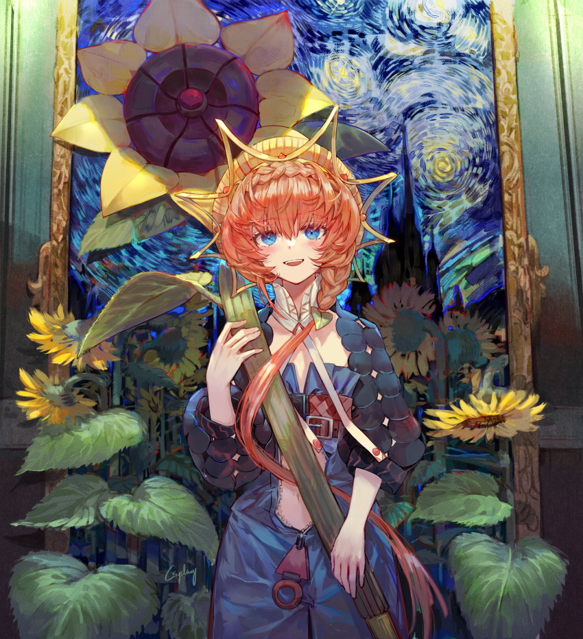 1girl belt blue_eyes braid brown_hair csyday fate/grand_order fate_(series) flower hat highres long_hair navel painting_(object) signature smile starry_night sunflower van_gogh_(fate) zipper_pull_tab