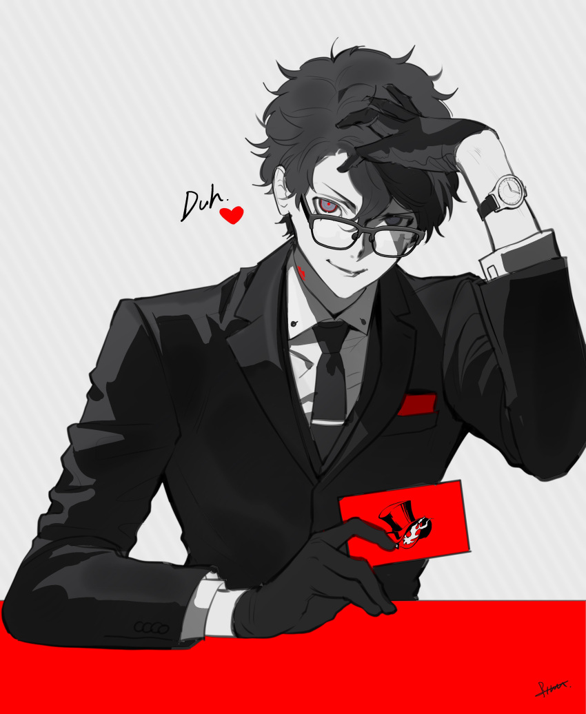 1boy absurdres amamiya_ren bangs btmr_game calling_card english_commentary formal glasses gloves hair_between_eyes hand_on_own_head heart highres holding jacket long_sleeves looking_at_viewer male_focus necktie persona persona_5 signature simple_background smile solo suit upper_body watch watch