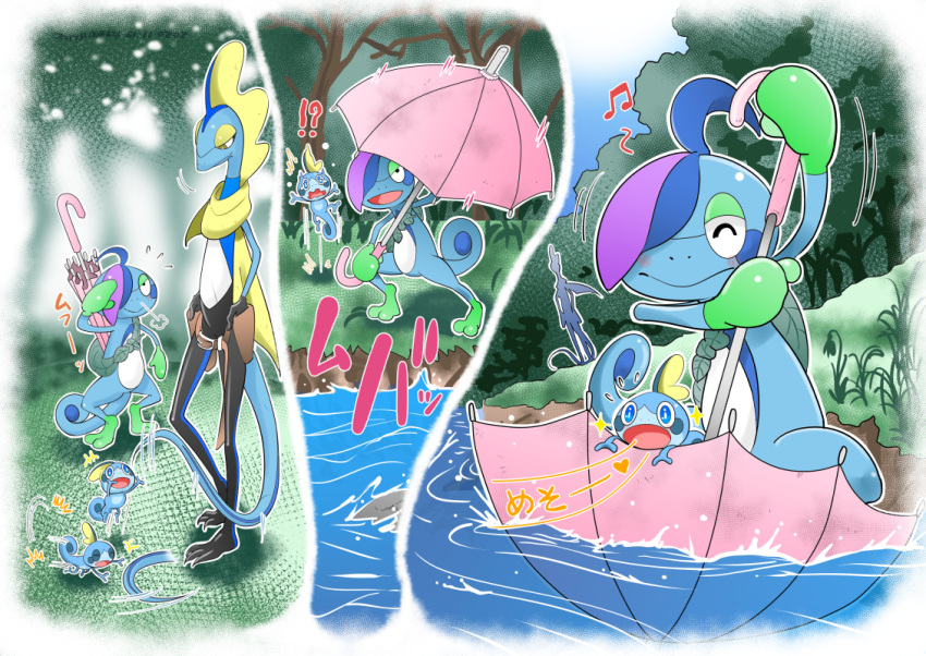 !? afloat blue_eyes blush closed_eyes closed_mouth commentary_request drizzile flying_sweatdrops gen_8_pokemon grass heart holding holding_umbrella holster inteleon musical_note open_mouth pokemon pokemon_(creature) salute smile sobble sparkle standing takigawageenito tongue tree umbrella water yellow_eyes