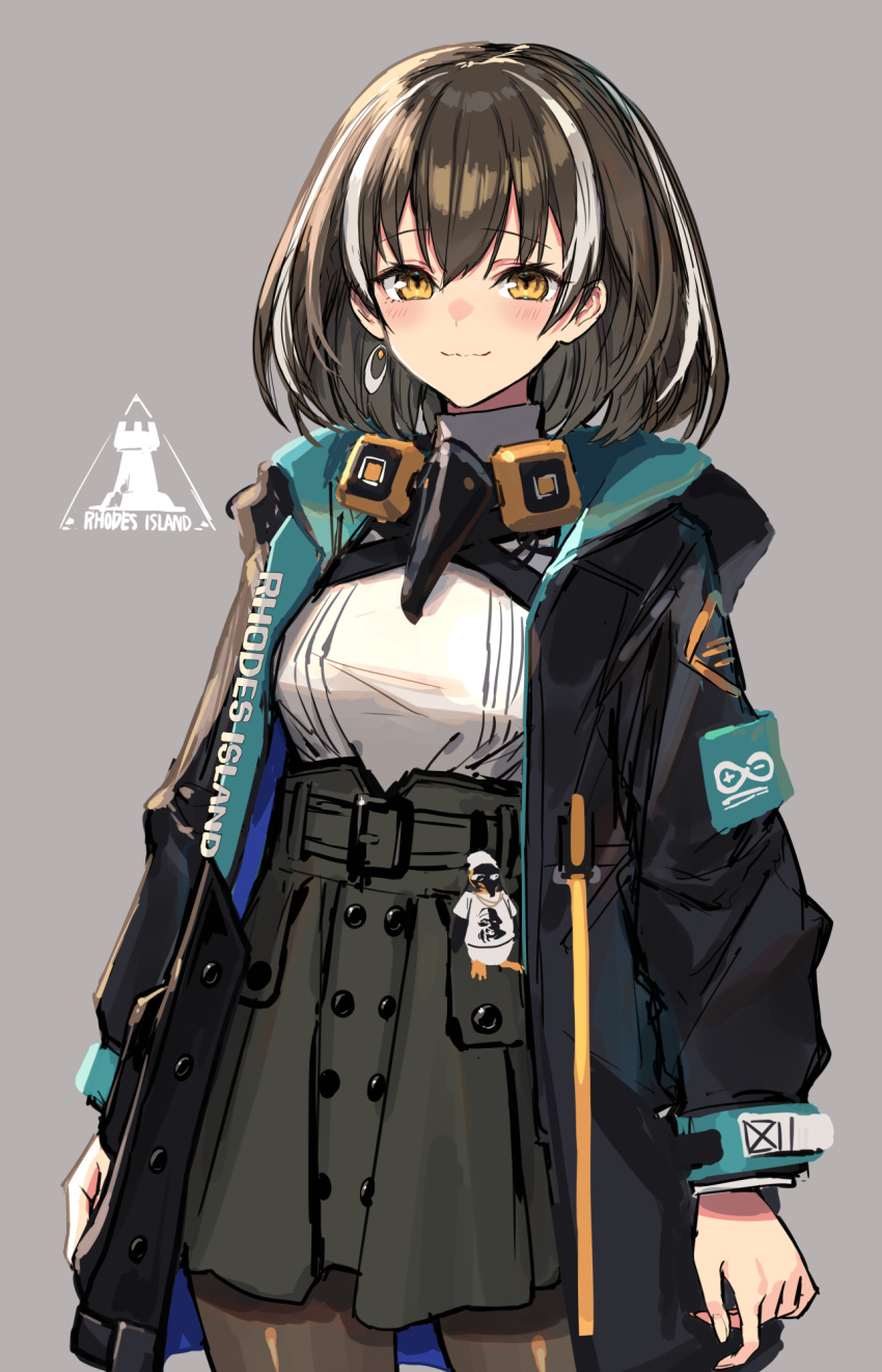 1girl alternate_costume arknights beak_mask black_coat black_legwear black_skirt blush breasts brown_hair closed_mouth clothes_writing coat cowboy_shot earrings eyebrows_visible_through_hair grey_background hair_between_eyes high-waist_skirt highres jewelry looking_at_viewer magallan_(arknights) mask_around_neck medium_breasts miniskirt multicolored_hair open_clothes open_coat pantyhose rhine_lab_logo rhodes_island_logo shirt short_hair sigm@ silver_hair simple_background single_earring skirt smile solo streaked_hair the_emperor_(arknights) turtleneck two-tone_hair white_shirt yellow_eyes