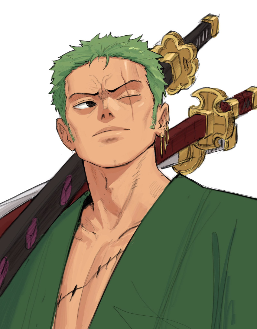 1boy chest_scar closed_mouth commentary earrings edpan english_commentary green_hair highres holding holding_sword holding_weapon jewelry katana male_focus multiple_swords one_eye_covered one_piece roronoa_zoro scar scar_across_eye short_hair simple_background solo sword upper_body weapon white_background