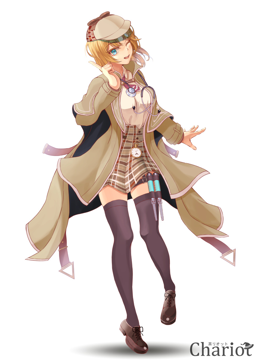 1girl :d absurdres bangs black_legwear blonde_hair blue_eyes breasts brown_coat brown_footwear brown_headwear coat collar collared_shirt dark_skin full_body gears hair_ornament hat highres hololive hololive_english holster long_sleeves looking_at_viewer medium_breasts medium_hair mihamahituzi0828 monocle necktie one_eye_closed open_mouth plaid plaid_skirt pleated_skirt pocket_watch red_neckwear shirt shirt_tucked_in simple_background skirt smile solo stethoscope syringe thigh-highs thigh_holster upper_body virtual_youtuber watch watson_amelia white_background white_collar white_shirt