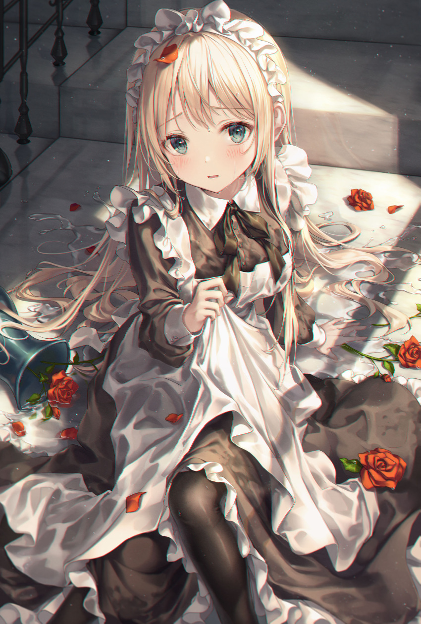 1girl absurdres apron apron_lift aqua_eyes black_legwear blush breasts chromatic_aberration flower highres indoors large_breasts looking_at_viewer maid maid_apron maid_headdress open_mouth original pantyhose petals r_o_ha red_flower red_rose rose sitting solo tears wet wet_clothes wet_hair