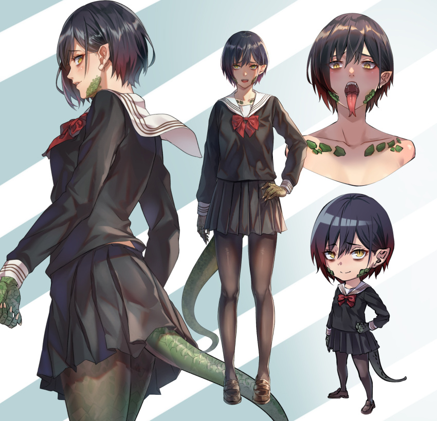 1girl absurdres bags_under_eyes bangs black_hair black_legwear black_serafuku black_skirt character_sheet claws fangs forked_tongue highres lizard_tail loafers looking_at_viewer monster_girl open_mouth original pantyhose pleated_skirt pointy_ears saliva scales school_uniform serafuku sharp_teeth shoes short_hair sideways_glance simple_background skirt slit_pupils smile solo tail teeth tight_(ohmygod) tongue tongue_out uniform yellow_eyes