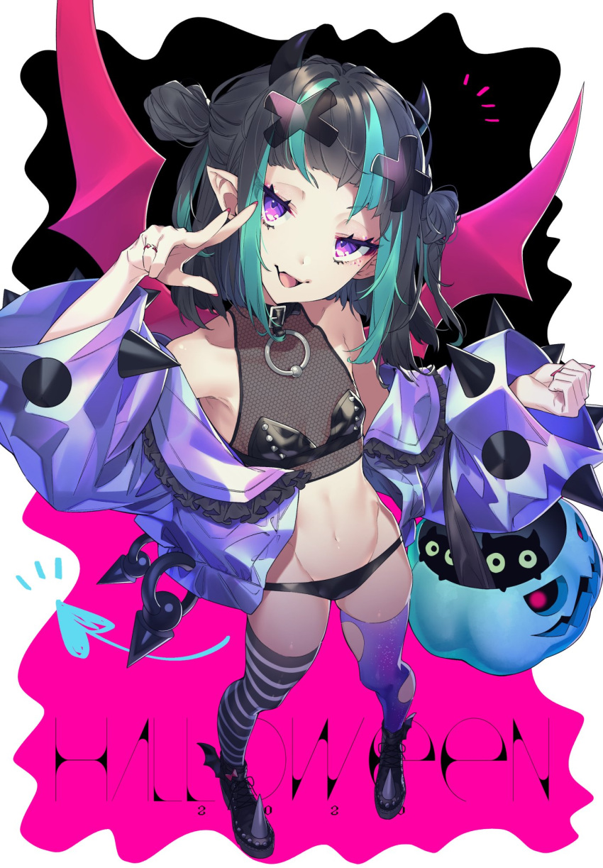 1girl :d bare_shoulders belt_collar bikini black_bikini black_hair black_legwear boots breasts collar dated demon_girl demon_wings double_bun drawn_tail fang fingernails fishnet_top hair_ornament halloween halloween_bucket hand_up head_tilt highres horns jacket jewelry jitome looking_at_viewer makeup mascara medium_hair mismatched_legwear multicolored_hair nail_polish navel notice_lines off-shoulder_jacket open_clothes open_jacket open_mouth original pigeon-toed purple_jacket purple_legwear red_nails ring skin_fang small_breasts smile solo spiked_boots standing streaked_hair striped striped_legwear swimsuit thigh-highs torn_clothes torn_legwear violet_eyes w westxost_(68monkey) wings x_hair_ornament