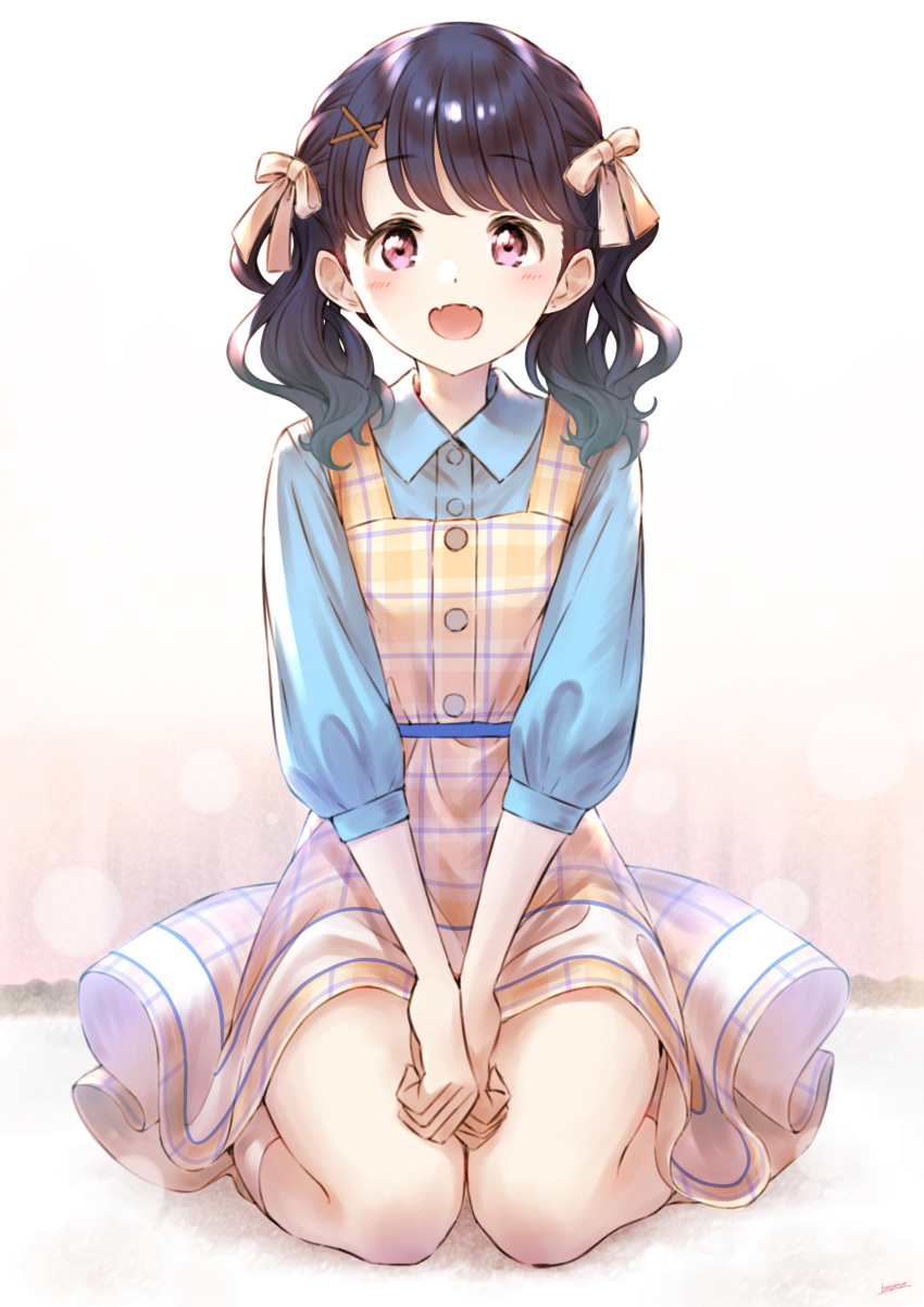 1girl absurdres bangs bashosho black_hair blue_shirt commentary_request dress fangs fukumaru_koito full_body hair_ornament hair_ribbon hairclip highres idolmaster idolmaster_shiny_colors looking_at_viewer medium_hair open_mouth pink_eyes plaid plaid_dress ribbon seiza shirt sitting skin_fangs sleeves_past_elbows solo swept_bangs twintails white_background yellow_dress