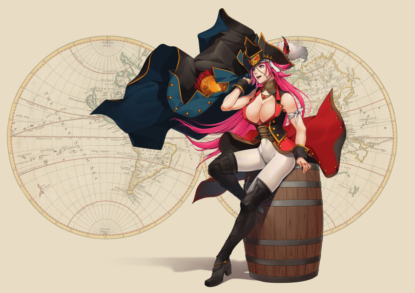1girl barrel black_footwear blue_eyes boots breasts coat facial_scar fate/extra fate/grand_order fate_(series) francis_drake_(fate) full_body hat highres kyoshiki large_breasts long_hair pants pink_hair pirate_hat red_coat scar sleeveless_coat solo thigh-highs thigh_boots very_long_hair white_pants world_map