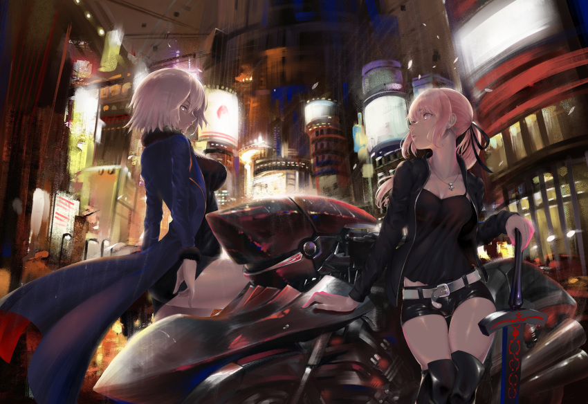 2girls absurdres ahoge artoria_pendragon_(all) belt black_camisole black_dress black_footwear black_jacket black_ribbon black_shorts blue_coat boots breasts building camisole cityscape coat dress fate/grand_order fate_(series) fur-trimmed_coat fur-trimmed_jacket fur-trimmed_sleeves fur_trim ground_vehicle hair_ribbon high_heel_boots high_heels highres huge_filesize jacket jeanne_d'arc_(alter)_(fate) jeanne_d'arc_(fate)_(all) jet_black_king_of_knights_ver._shinjuku_1999 jewelry large_breasts long_sleeves low_ponytail motor_vehicle motorcycle multiple_girls name1122 necklace ponytail ribbon saber_alter short_dress short_shorts shorts silver_hair white_belt wicked_dragon_witch_ver._shinjuku_1999 yellow_eyes