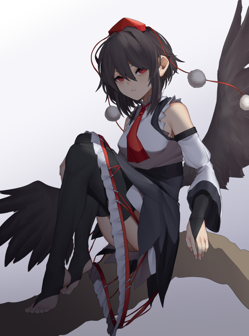 1girl absurdres alternate_costume bangs barefoot bird_wings black_hair black_legwear black_skirt black_wings bobby36446329 detached_sleeves hat highres long_sleeves pom_pom_(clothes) red_eyes red_headwear shameimaru_aya short_hair skirt thigh-highs tokin_hat touhou wings