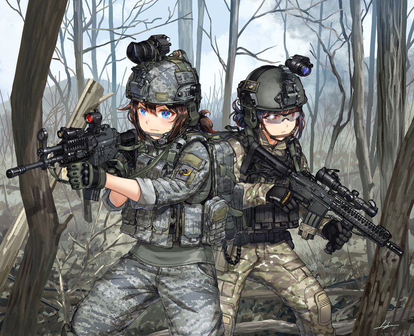 2girls aiming assault_rifle camouflage commentary_request gloves goggles goggles_on_headwear gun helmet holding holding_weapon kws laser_sight load_bearing_vest military military_operator multiple_girls original patch plate_carrier rifle sling south_korea south_korean_flag sunglasses trigger_discipline vertical_foregrip weapon weapon_request