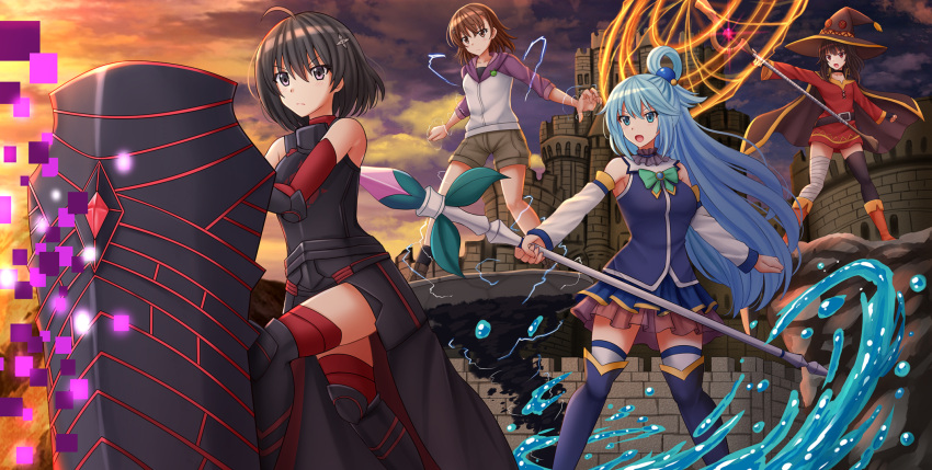 4girls ahoge aqua_(konosuba) armor armpits asymmetrical_legwear bandaged_leg bandages belt black_armor black_belt black_choker black_gloves black_hair black_headwear black_legwear blue_eyes blue_footwear blue_hair blue_legwear blue_shirt blue_skirt bob_cut boots bow brown_belt brown_eyes brown_hair button_eyes cape castle choker collarbone crossover detached_sleeves dress electricity eyebrows_visible_through_hair fingerless_gloves gekota gloves green_bow hair_ornament hair_strand hairpin hat highres holding holding_shield holding_staff hood hood_down hoodie itai_no_wa_iya_nano_de_bougyoryoku_ni_kyokufuri_shitai_to_omoimasu kazenokaze kono_subarashii_sekai_ni_shukufuku_wo! long_hair maple_(bofuri) megumin misaka_mikoto mismatched_legwear multiple_girls open_mouth red_dress red_eyes red_legwear red_sky shield shirt short_hair short_hair_with_long_locks shorts shuriken_hair_ornament single_thighhigh skirt sky staff tagme thigh-highs thigh_boots to_aru_kagaku_no_railgun to_aru_majutsu_no_index witch_hat