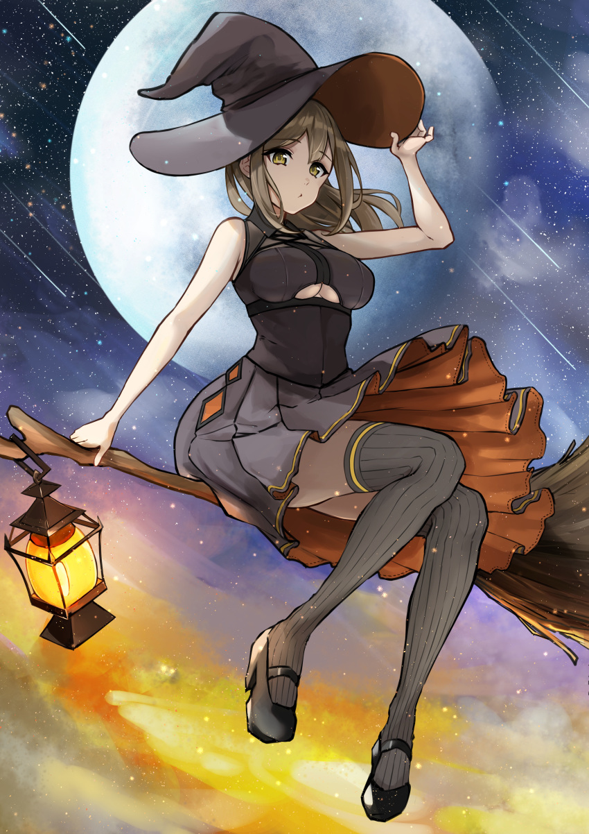 absurdres adjusting_clothes adjusting_headwear akiki_(kiki) arm_support bangs black_dress black_footwear black_headwear breasts broom broom_riding brown_hair clothing_cutout collared_dress dress full_moon grey_legwear halloween hat highres huge_filesize kunikida_hanamaru lantern large_breasts long_hair love_live! love_live!_sunshine!! moon shooting_star sitting sky sleeveless sleeveless_dress star_(sky) starry_sky striped striped_legwear thigh-highs under_boob underboob_cutout witch witch_hat yellow_eyes