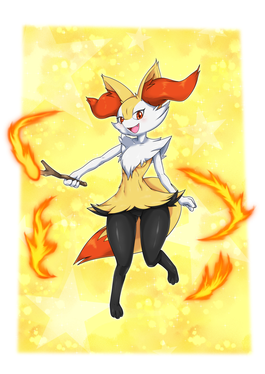 1girl absurdres animal_ear_fluff animal_ears ass_visible_through_thighs barefoot blush border braixen breasts commentary fangs fire fox_ears fox_tail full_body furry gen_6_pokemon happy highres holding leg_up light_blush looking_at_viewer navel no_pussy open_mouth outline outside_border outstretched_arm paws pokemon pokemon_(creature) red_eyes shiny shiny_skin simple_background small_breasts smile solo standing standing_on_one_leg star_(symbol) starry_background stick stomach tail thighs white_border white_outline yellow_background yuuyatails