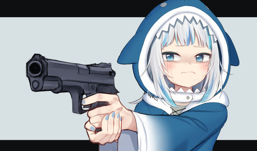 1girl a_way_out absurdres aiming animal_hood blue_eyes blue_hoodie crying cyfrus gawr_gura grey_background gun handgun highres holding holding_weapon hololive hololive_english hood hoodie long_hair long_sleeves nail_polish pistol signature solo spoilers streaming_tears tears upper_body wavy_mouth weapon wide_sleeves