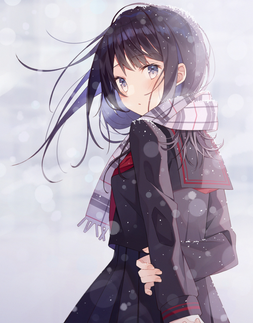 1girl absurdres arm_behind_back arm_grab bangs black_hair black_sailor_collar black_serafuku black_shirt black_skirt blush closed_mouth commentary_request eyebrows_visible_through_hair fringe_trim grey_eyes grey_scarf highres long_hair long_sleeves looking_at_viewer looking_to_the_side minasenagi neckerchief original plaid plaid_scarf pleated_skirt red_neckwear sailor_collar scarf school_uniform serafuku shirt skirt snowing solo