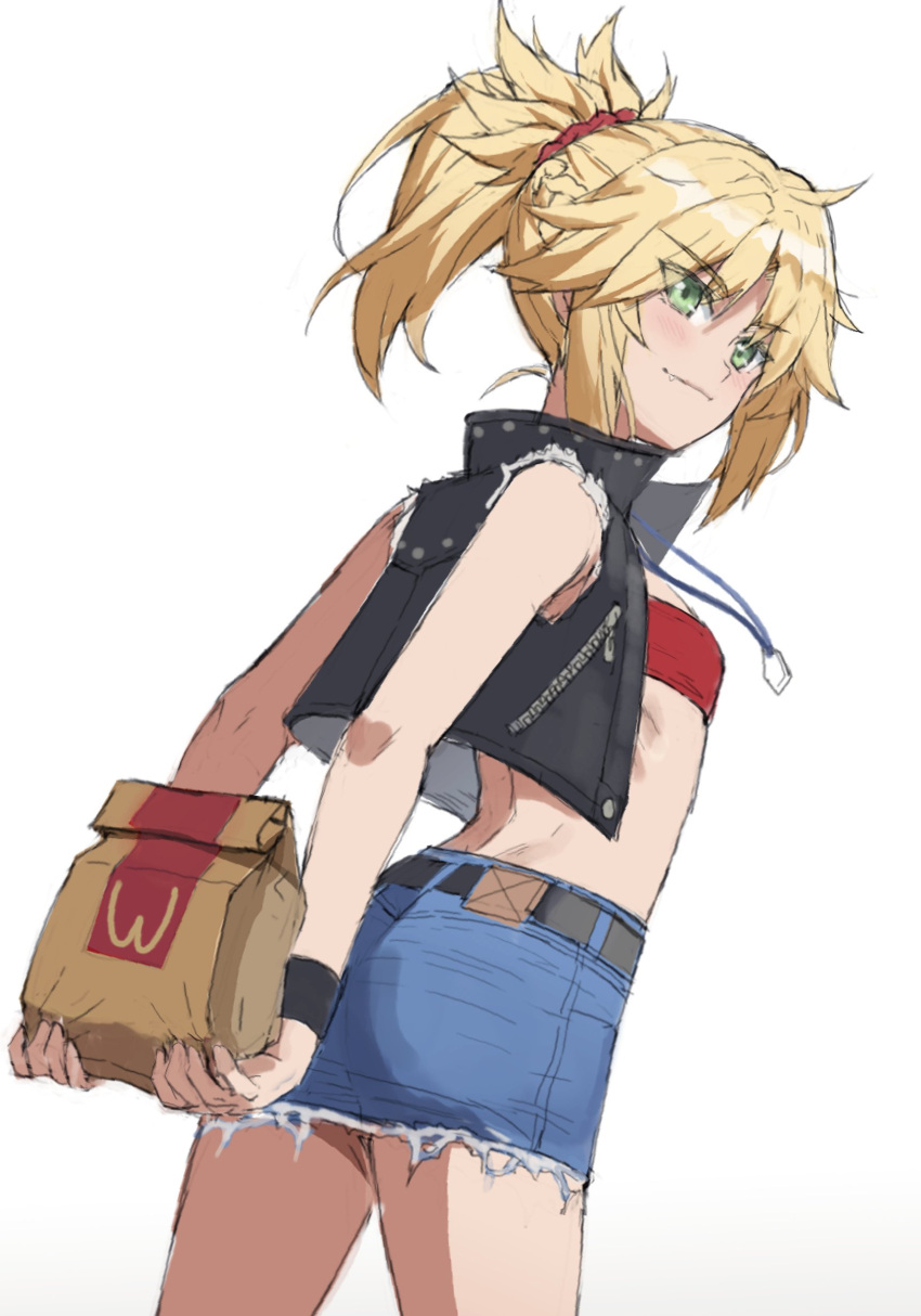 1girl absurdres ass bag bandeau bangs bare_shoulders black_vest blonde_hair blue_skirt blush braid breasts closed_mouth cropped_vest denim denim_skirt fate/apocrypha fate_(series) french_braid green_eyes hair_ornament hair_scrunchie highres jewelry long_hair looking_at_viewer looking_back mordred_(fate) mordred_(fate)_(all) necklace paper_bag parted_bangs ponytail scrunchie sidelocks simple_background skirt small_breasts smile thighs tonee vest white_background