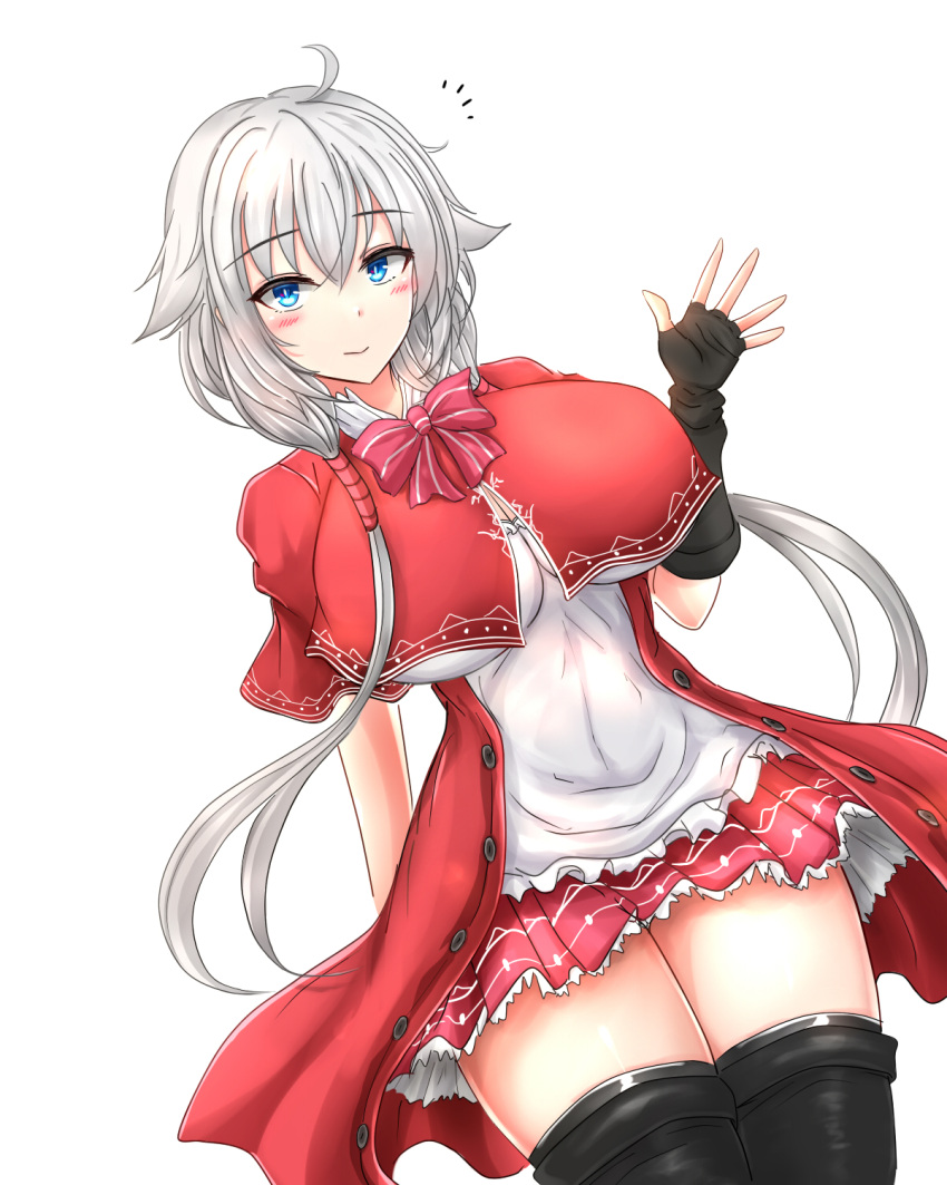 1girl ahoge black_gloves black_legwear blue_eyes bow bowtie breasts capelet closed_mouth e-kichi fingerless_gloves gloves ha_no_yua hair_over_shoulder highres huge_breasts impossible_clothes impossible_shirt light_smile long_hair looking_at_viewer red_bow red_capelet red_skirt seraphina_(ha_no_yua) shirt simple_background skirt solo thigh-highs twintails white_background white_hair white_shirt zettai_ryouiki