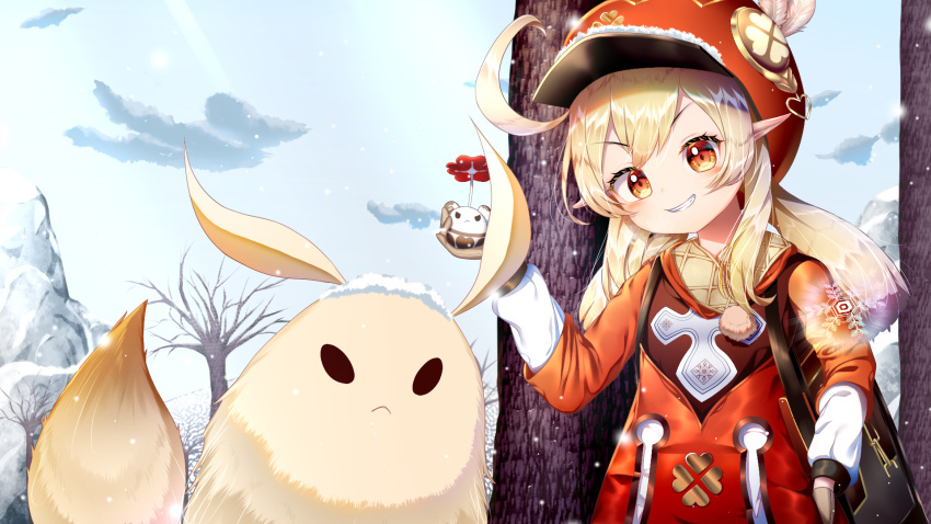 1girl 1other ahoge animal bangs bare_tree black_eyes blonde_hair blush cabbie_hat day dress frown genshin_impact hand_up hat hat_feather highres human klee_(genshin_impact) loli long_hair long_sleeves looking_at_viewer low_twintails mammal mihoyo_technology_(shanghai)_co._ltd. orange_eyes outdoors pointy_ears rabbit red_dress red_eyes red_headwear smile snow solo sootack standing tree twintails winter